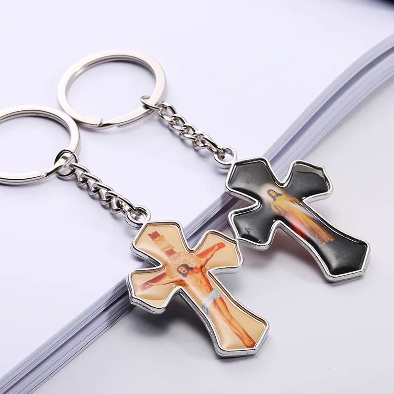 

2017 New 2 color Cross Keychain Ring Unique Charms Virgin Jesus Painting For Keys Car Bag Key Ring Handbag Christmas Gift