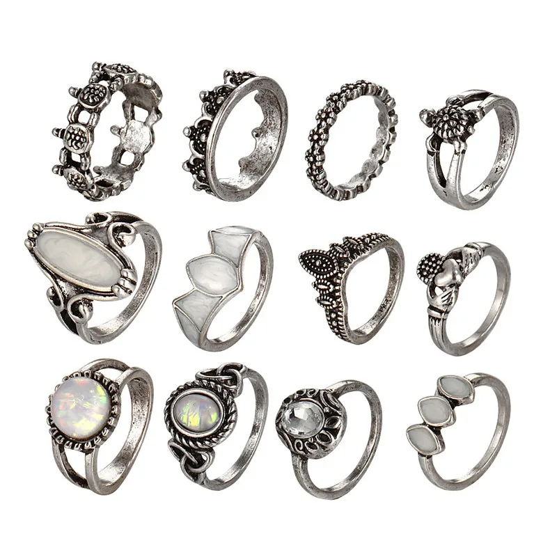 

12 Pcs/Set Animal Tortoise Punk Stone Midi Knuckle Rings Set For Women Boho Crystal Ring Beach Party Vintage Wedding Jewelry