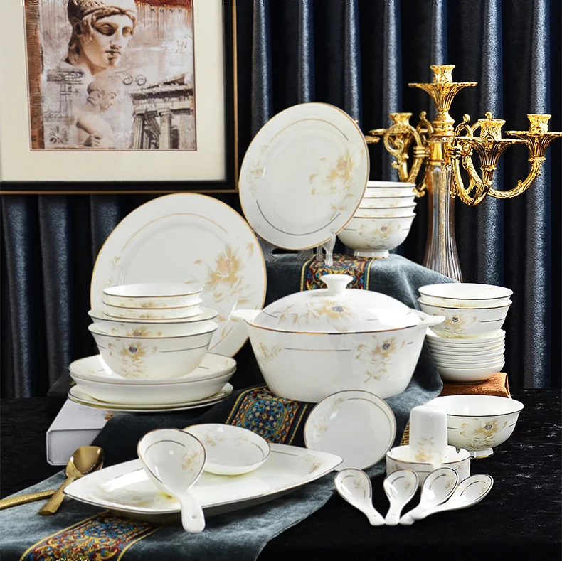 

46piece set, fine bone china dinnerware sets, porcelain bento, party dinner plate, buffet-dishes for serving, gold line design