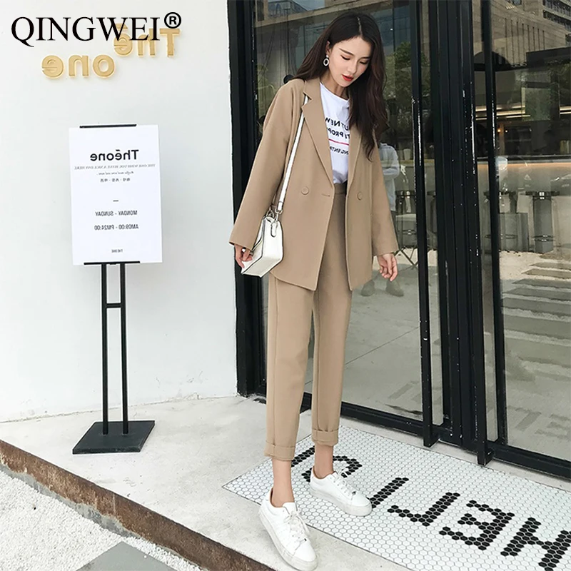 QINGWEI Casual Solid Women Pant Suits Notched Collar Blazer Jacket& Pencil Pant Khaki Female Suit Autumn high quality