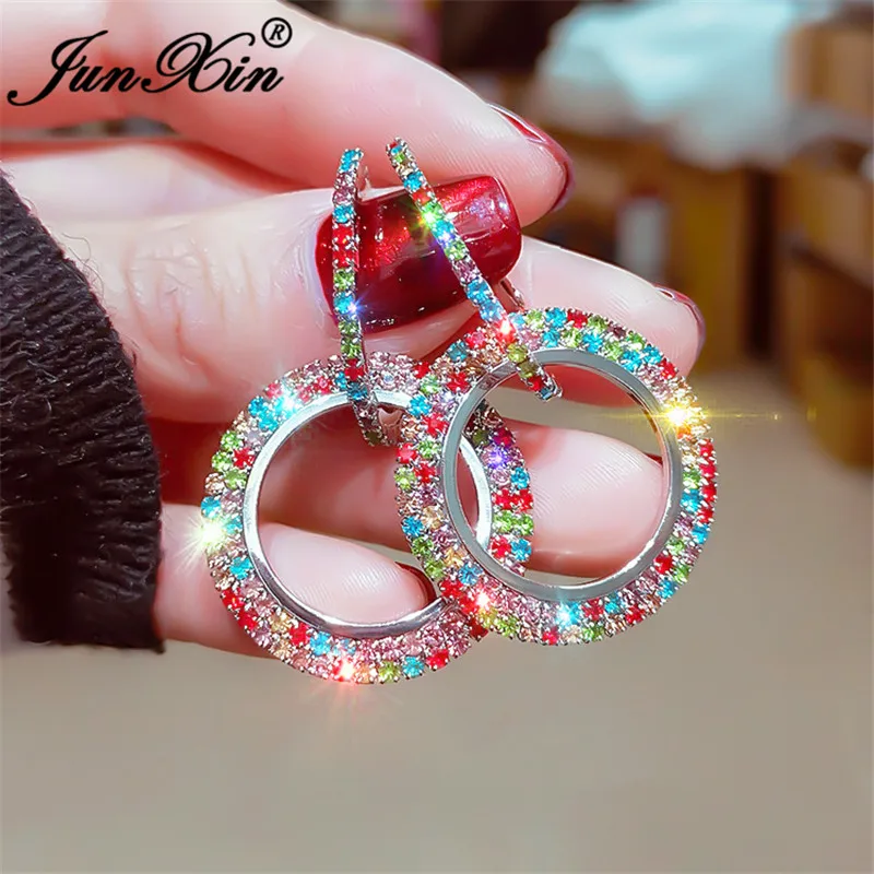 

JUNXIN Vintage Rainbow Crystal Hoop Earrings 925 Silver Yellow Gold Color Big Wedding Teardrop Square Round Earrings For Women