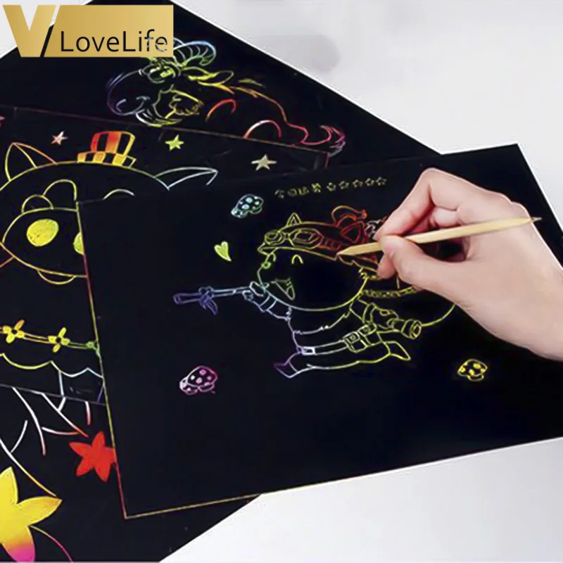 

10pcs Magic Color Scratch Art Paper Coloring Cards Scraping Drawing Learning Toys 19cm x 26cm