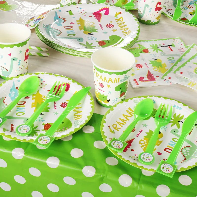 

Dinosaur Theme Disposable tableware Set Birthday Party Decoration Cartoon Kids plate Cups Napkins Tablecloth Flag Party Supplies