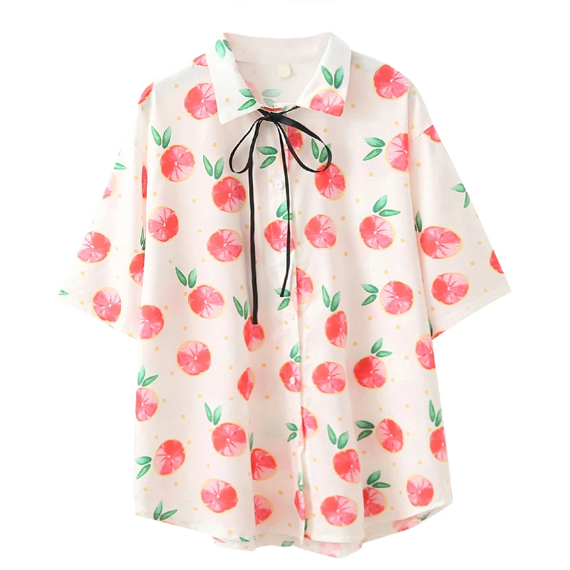  Japanese Cute Fashion White Shirt for Women Mori Girl Fruit Strawberry Kawaii Chiffon Tops Vintage 