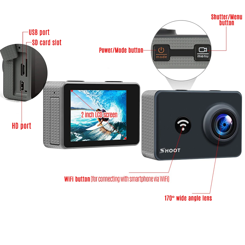 Съемка 4 K Wi-Fi экшн-камера 2,4G пульт дистанционного управления 1080 P 14MP 45 m водонепроницаемая Спортивная камера 170 градусов широкий угол обзора 2 дюйма ЖК-экран