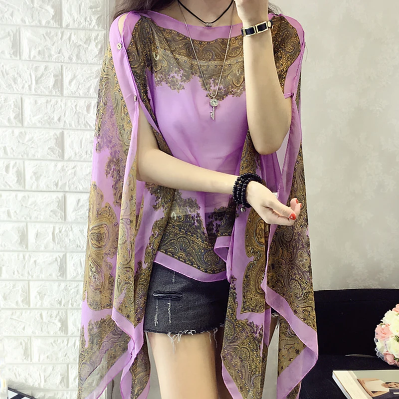 

Elegant Chiffon Blouses Fashion Floral Print Chiffon Loose Shirt Summer Women Beachwear Cover Up Tops
