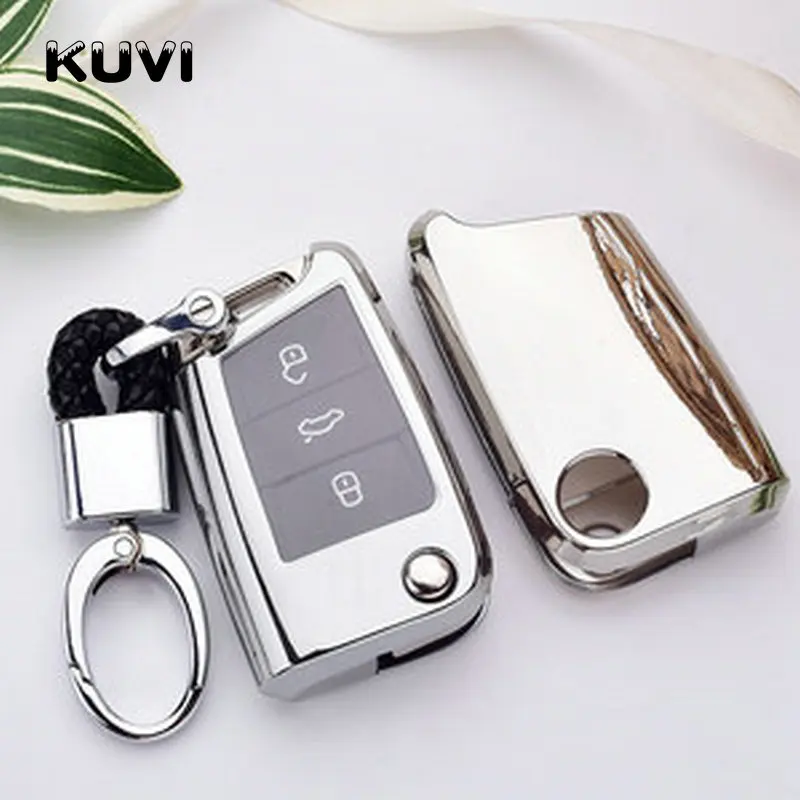 Чехол для ключей из ТПУ для Volkswagen VW Golf 7 GTI R MK7 Tiguan для Skoda Octavia A7 для Seat Leon Ibiza Key Portect - Название цвета: silver with keychain
