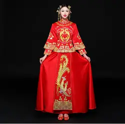 Восточный Азиатский невесты Красота китайская традиционная свадебное платье Для женщин Красный цветочные длинным рукавом вышивка Cheongsam