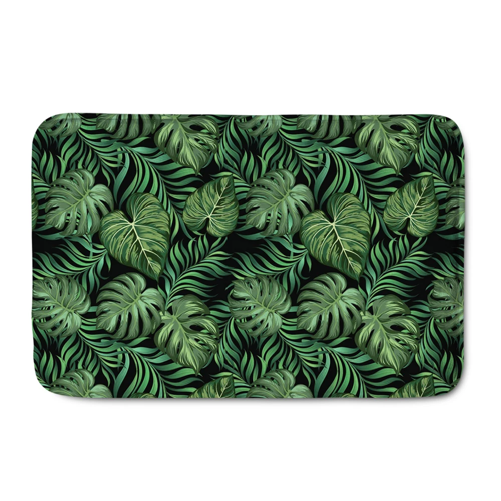 Green Tropical Leaves Pattern Doormat Nonslip Entrance Floor Door Mat, Flannel Novelty Carpet Doormat for Living Room Outdoor