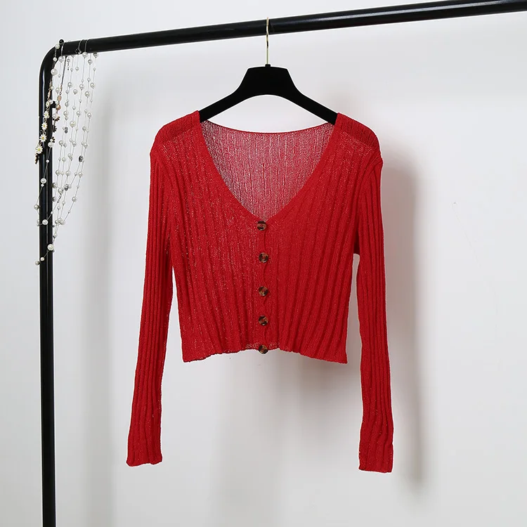 Весенние свитера с v-образным вырезом, пальто, вязаный полосатый кардиган для женщин, OL, тонкий, высокая талия, однобортный, с длинным рукавом, Осенние, тонкие Топы - Цвет: Красный