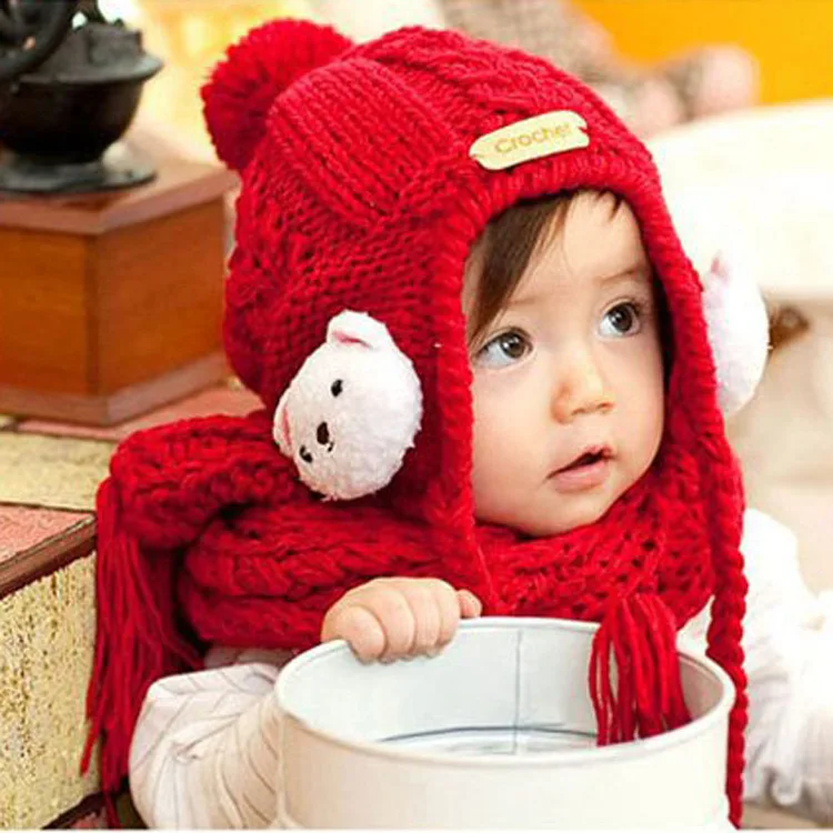 Funny Knit Hats Scarf Set Baby Bomber Hats Kids Knitted Hat Shawl Child