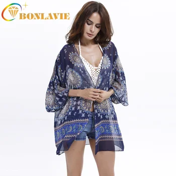 

Women Chiffon Tops Blue Pink Color Printing Loose Type V-neck One Size Outer Blouse Three Quarter Sleeve Summer Fashion Clothes