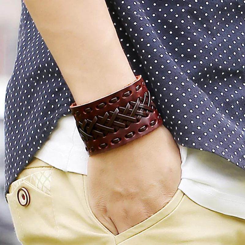 Мужской женский панк браслет широкий кожаный ручной работы плетеный жесткий браслет-обруч коричневый черный цвет модные ювелирные изделия мужские браслеты