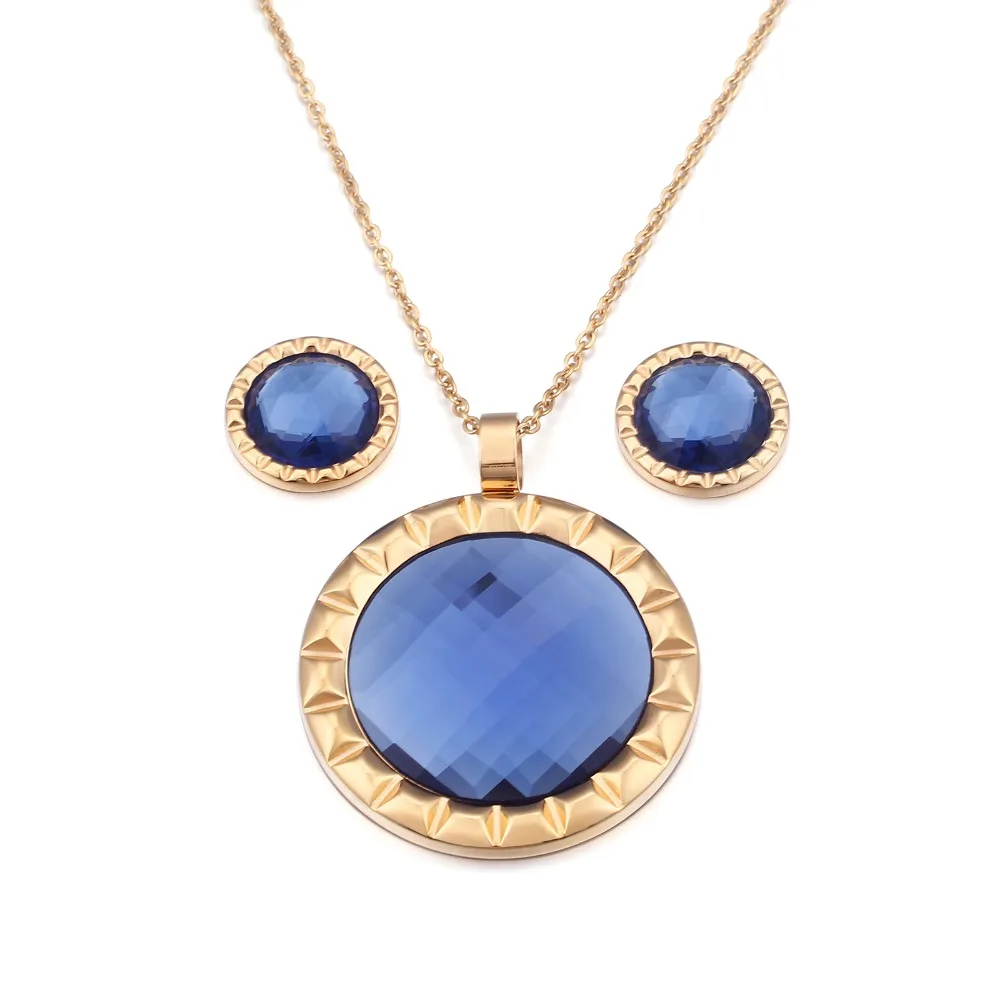 

3 Colors Zircon Round Pendant Necklaces & Earrings For Girl Women Stainless Steel Pendants Necklace Trendy Jewelry Set