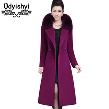 Женская ветровка Осень Зима Новая утепленная шерстяная куртка с воротником из лисьего меха большой размер средней длины кашемировое пальто для женщин HS121