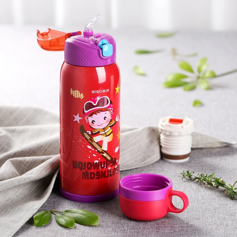 500ml Baby Feeding Thermos Cup Cute Cartoon Printed Portable Stainless Steel Vacuum Flask Birthday gift for kids baby with 2 Lid