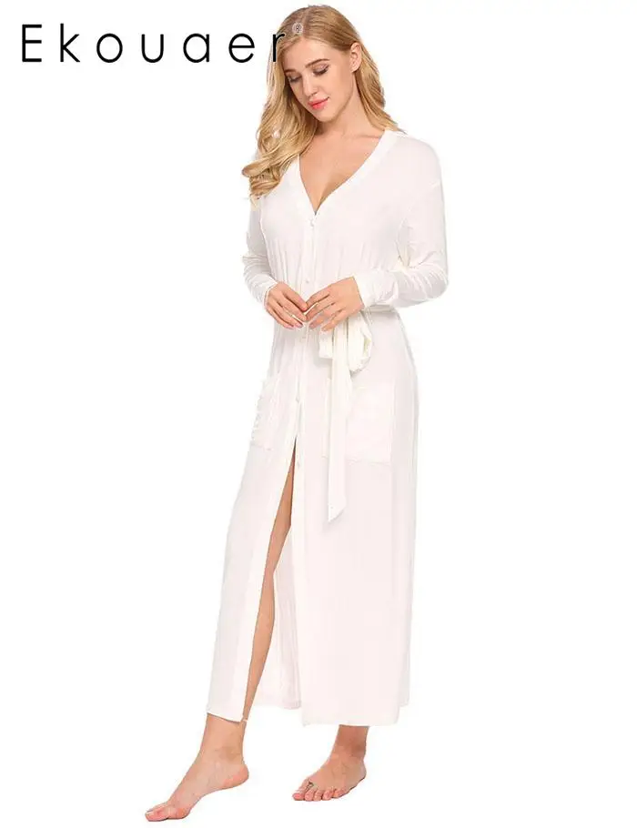 Ekouaer Long Long Sleeve Nightgown Soft Modal Loose Women Robe Bathrobe