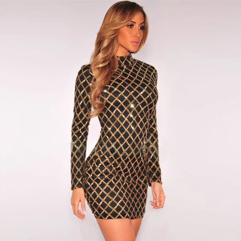 Sequin Party Dresses 2017 Brand Women Long Sleeve High Neck Bodycon Shining Dress Sexy Clubwear Mini Black Gold Dress 2-layer XL