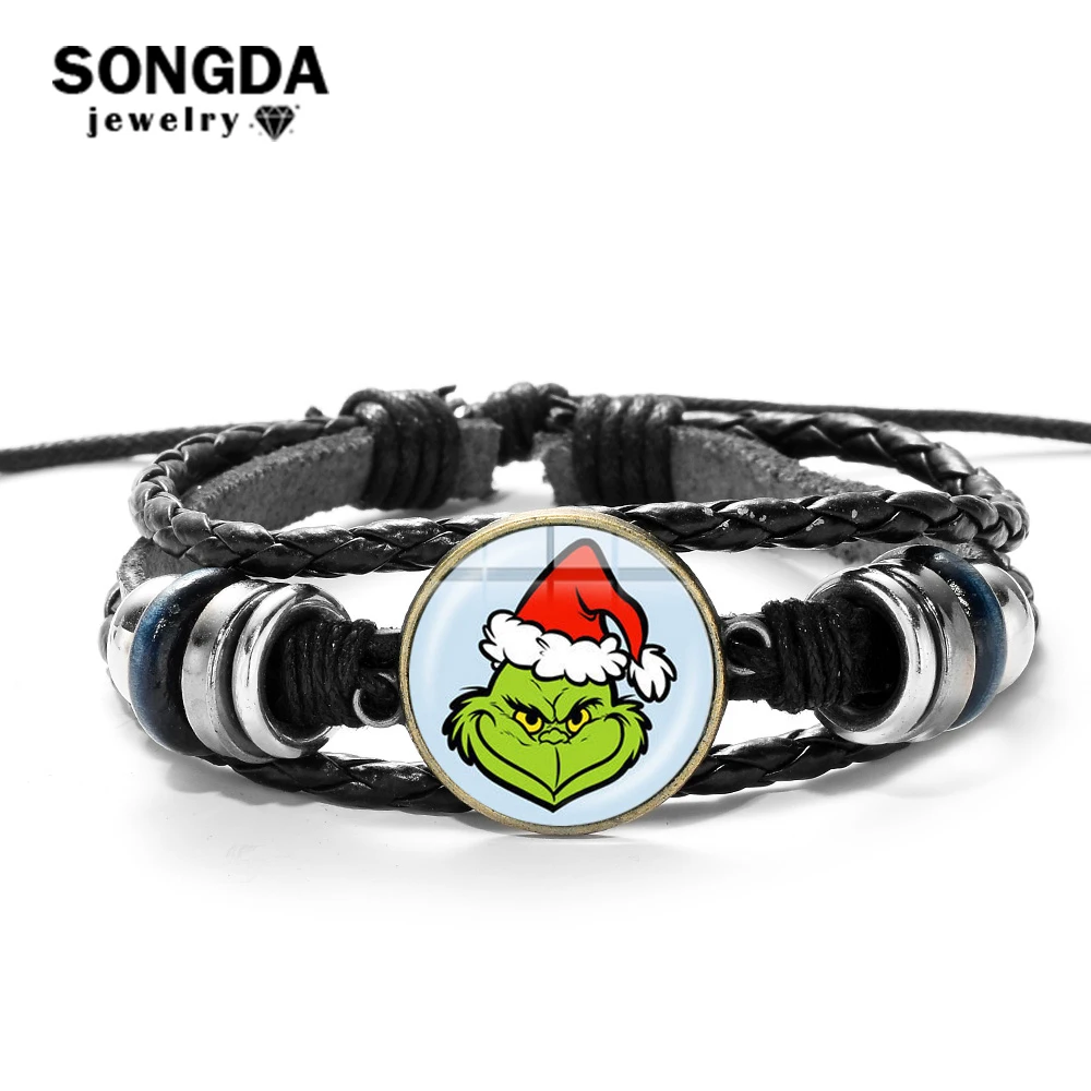 

SONGDA Genuine How the Grinch Stole Christmas Braided Leather Bracelet Newest The Grinch Big Movie Series Cartoon Charm Bracelet
