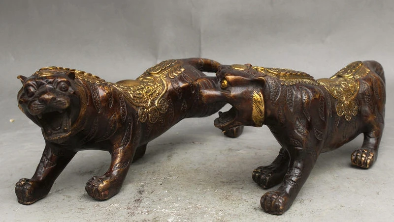 

10" Old Chinese FengShui Guardian Bronze Gilt Wealth Coin Bi Tiger Statue Pair