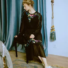LYNETTE’S CHINOISERIE Spring summer women all-match black embroidery flowers elegant loose chiffon skirt