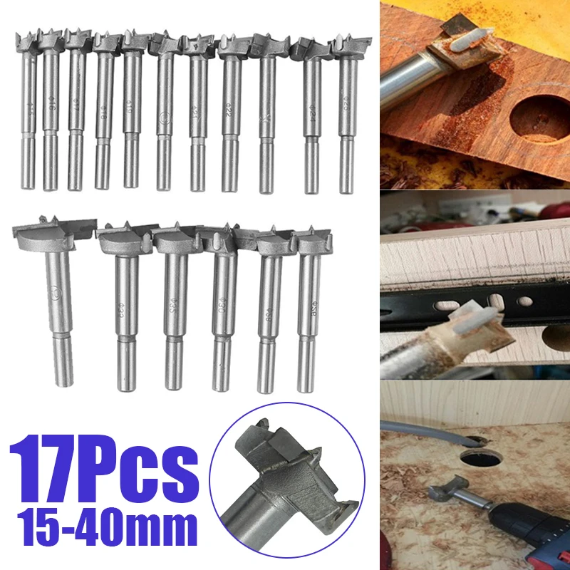 17x Hard Alloy 15-40mm Hole Saw Set Wood Drill Bit Auger Opener for Woodworking 
