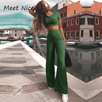 

2 Two Piece Set Women Ribbed O Neck Crop Top and Long Pants Set Sexy Autumn Short Sleeve Tracksuit Women Conjunto Feminino 2020