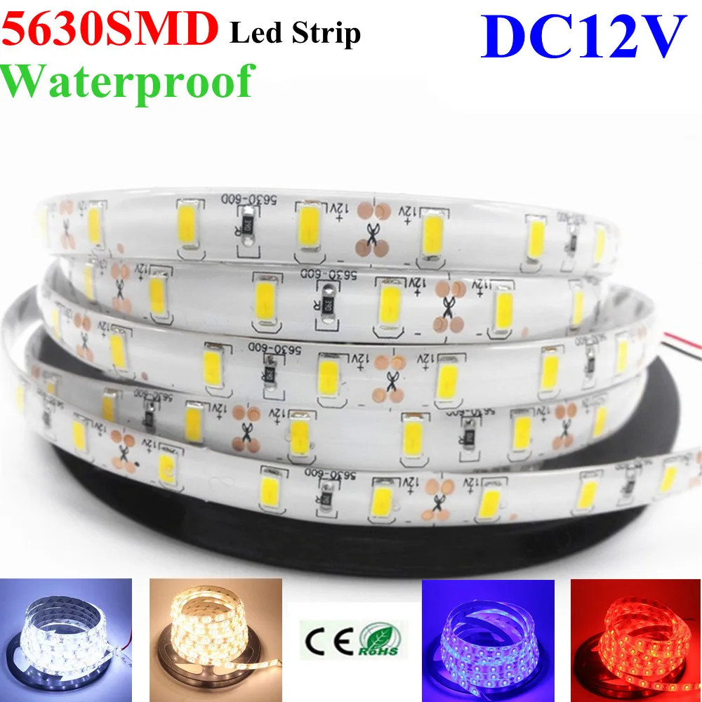 

100m/lot Led Strip 5630 Waterproof 5M 60Led/M Led Strip Light DC12V Led String Stripe Led Lamp Warm white/White/Red/Green/Blue