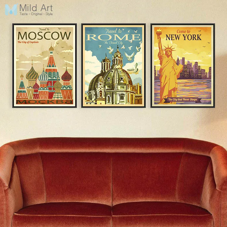 

Triptych Vintage Retro New York Rome Moscow City Art Prints Poster Shabby Chic Wall Picture Canvas Oil Painting Hotel Home Decor