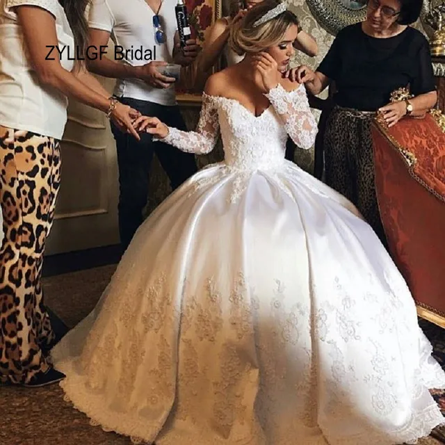 Zyllgf Bridal Puffy V Neck Wedding Dress Satin White 2016 Elegant Zyllgf Bridal Puffy V Neck Wedding Dress Satin White 2016 Elegant Long Sleeves Lebanese Gowns