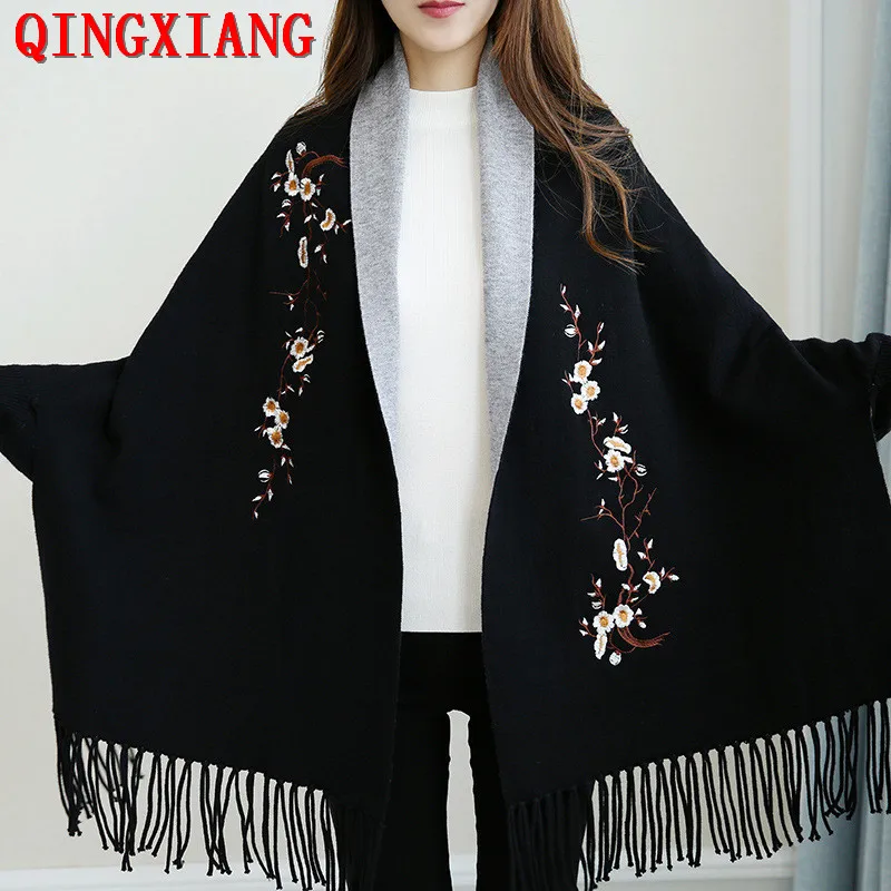 14 Color Oversize Knitwear Women Plum Flower Cape Winter Knitted Thick Tassel Poncho Long Sleeves Warm Outstreet Wear Shawl Coat