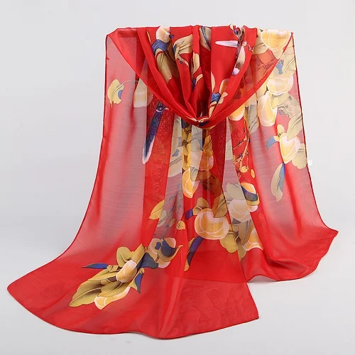 Весна Осень Цветок Птица печати шифон шелковый шарф бренд дизайн женские пляжные шали Красивая Бандана головная Косынка длинный платок
