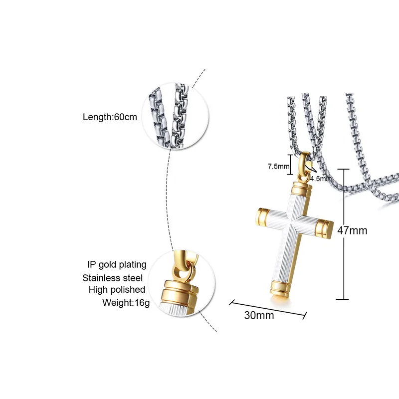 Мужское двухцветное крестильное ожерелье с крестом для мужчин, нержавеющая сталь, белый, желтый, распятие, мужские духовные ювелирные изделия, 24 дюйма