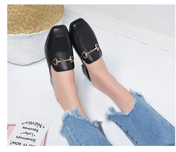 Summer Fashion Genuine Leather Mules Block Heels Shoes Woman Slipper Modis Black Casual Shoes Women Ladies Sliders Female