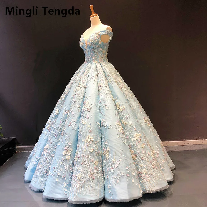 Online Mingli Tengda Mori Meerwasser Blau Puff Scratch Quinceanera Kleider Perlen Blume Perlen Ballkleid Weg Von der Schulter Süße 16 Kleid