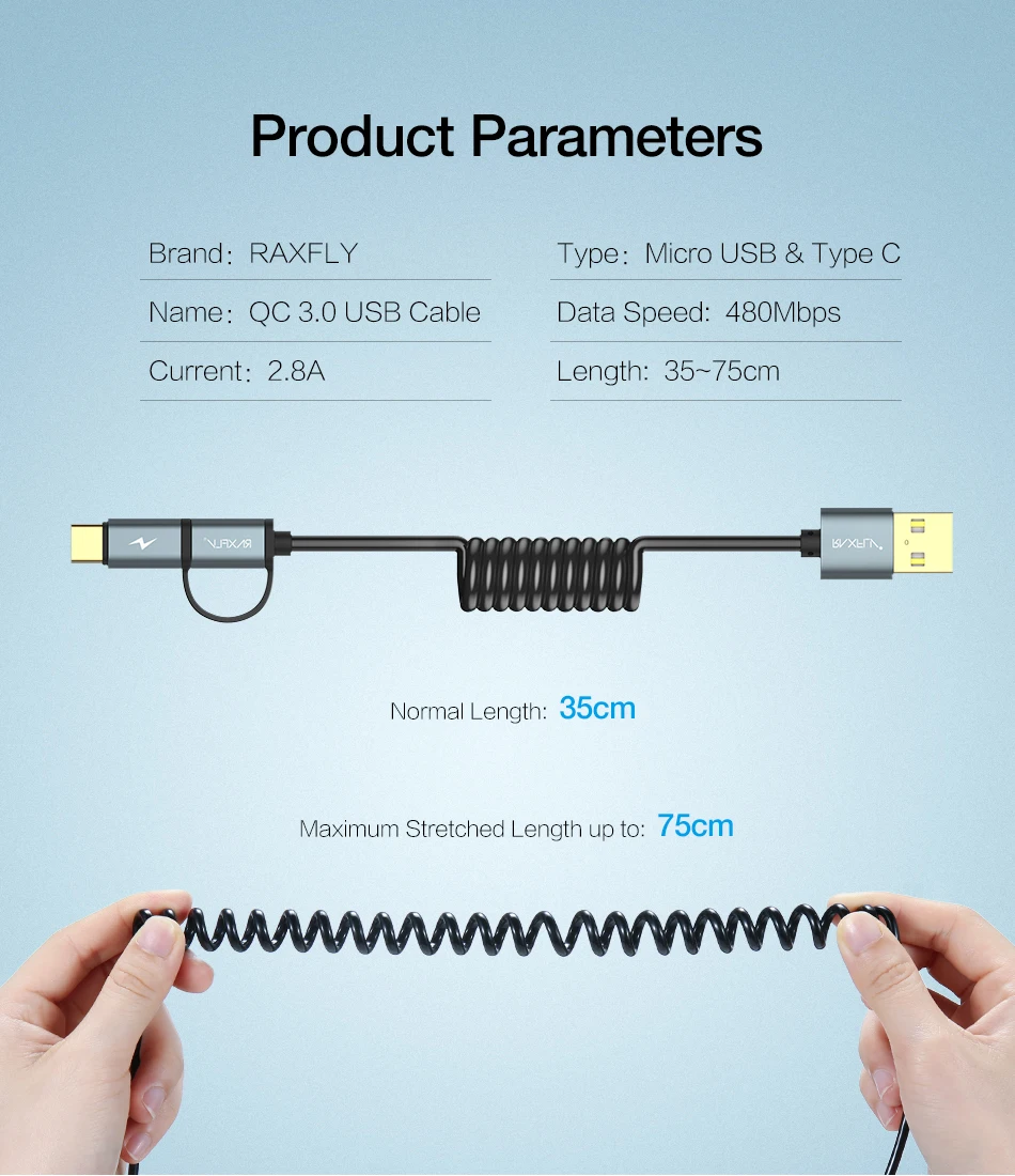 RAXFLY 2 в 1 USB кабель Quick Charge 3,0 Micro usb type-C кабель для samsung S9 Note 9 8 пружинный провод быстрой зарядки для huawei P20