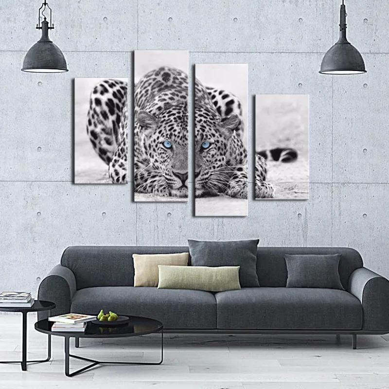 4 Picture Combination Black & White Wall Art Painting Blue Eyed Leopard