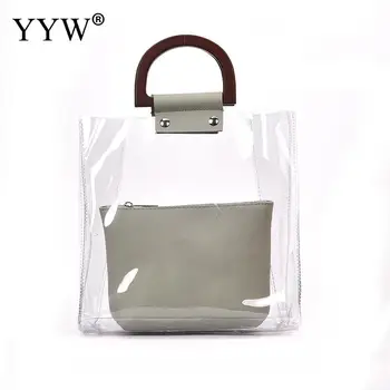 

YYW 2018 2pcs Fashion Jelly Bag Handbags For Women Transparent Bucket Bags Female Purse Clutches Black Clear sac a main