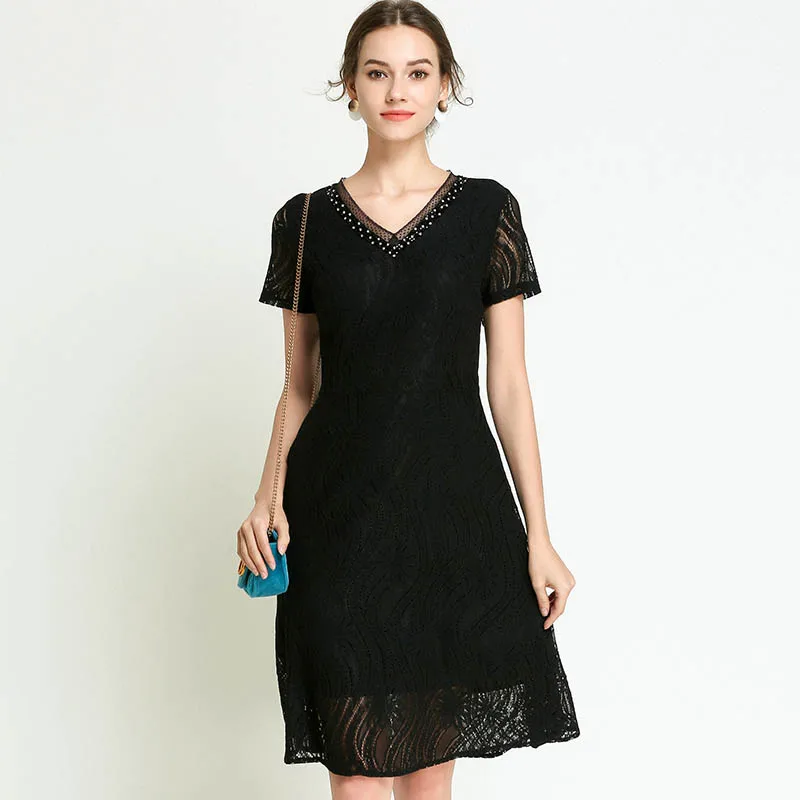 

2018 Elegant Lace Dress Black Party Dresses Beading Maternity Dresses Casual Pregnancy Dress Loose V-Neck Plus Size 5XL