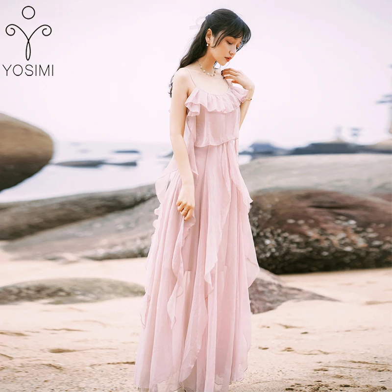 

YOSIMI 2019 Summer Long Women Dress Maxi Halter Pink Dress Chiffon Off The Shoulder Sleeveless Female Vestido Ankle-Length Sexy