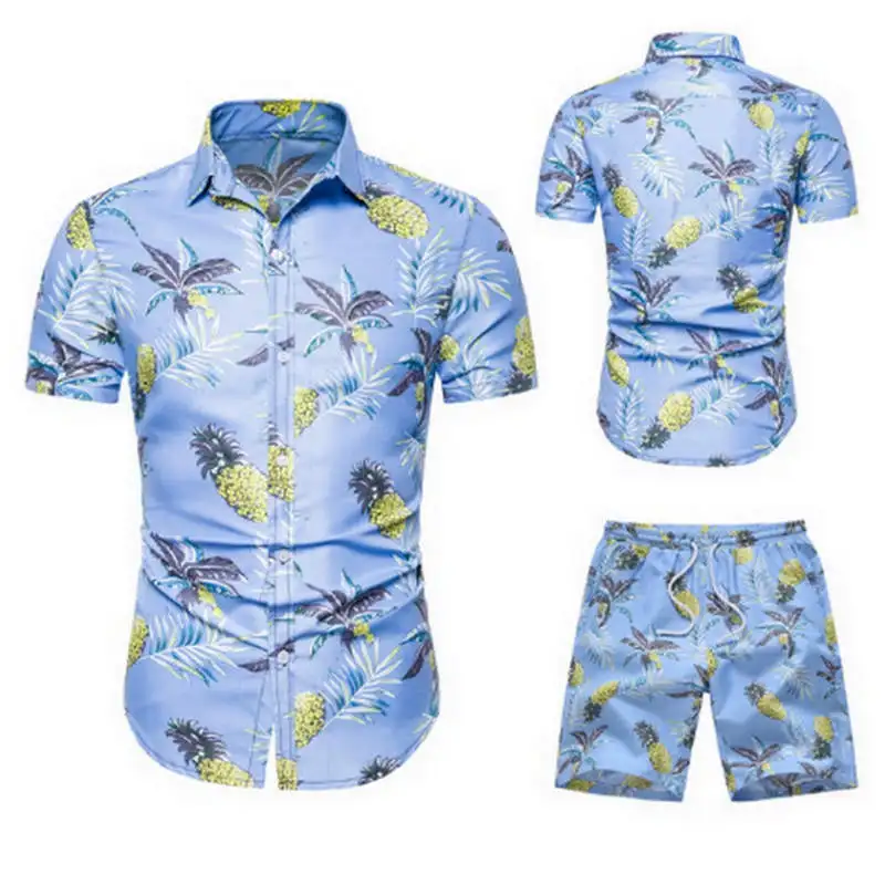 Летние модные рубашки с цветочным принтом для мужчин+ шорты, мужские рубашки с коротким рукавом, повседневные мужские комплекты одежды, спортивный костюм, большие размеры - Цвет: T108
