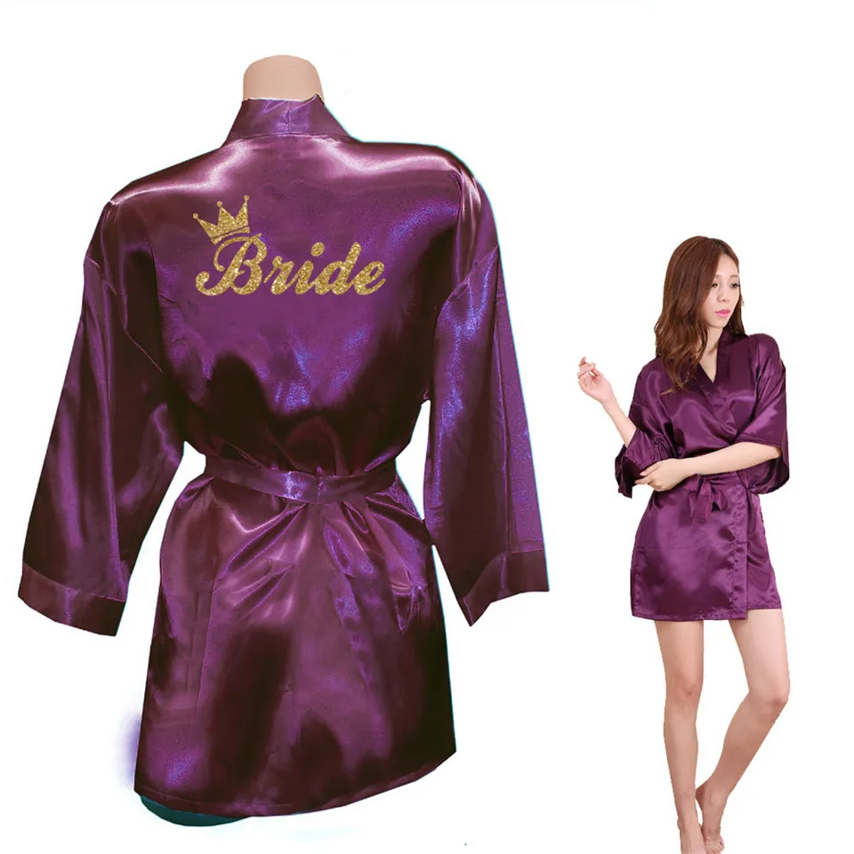 Women Bride Golden Glitter Print Kimono Robes Faux Silk Bachelorette Wedding Preparewear