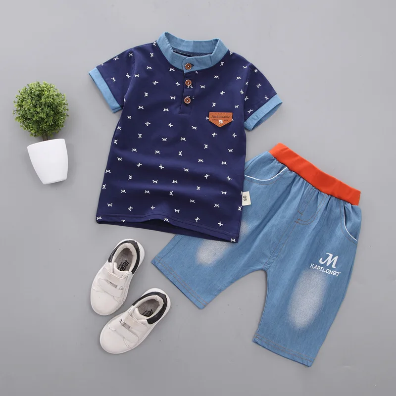 

Boys Clothes Set Summer Baby Cotton Anchor Print Infant Clothing Set Navy Blue White T shirts Shorts 1-5 Years 2019 New Fashion