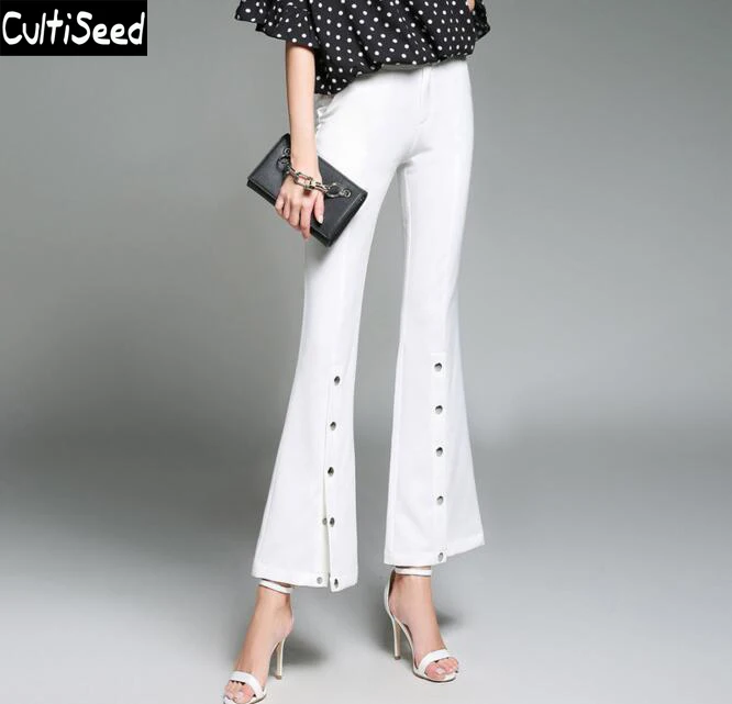 

Women Vintage Flare Pants Trousers 2018 Female Single Breasted Buttons Split Elegant OL Office Work Flare Pants with S-2XL Size