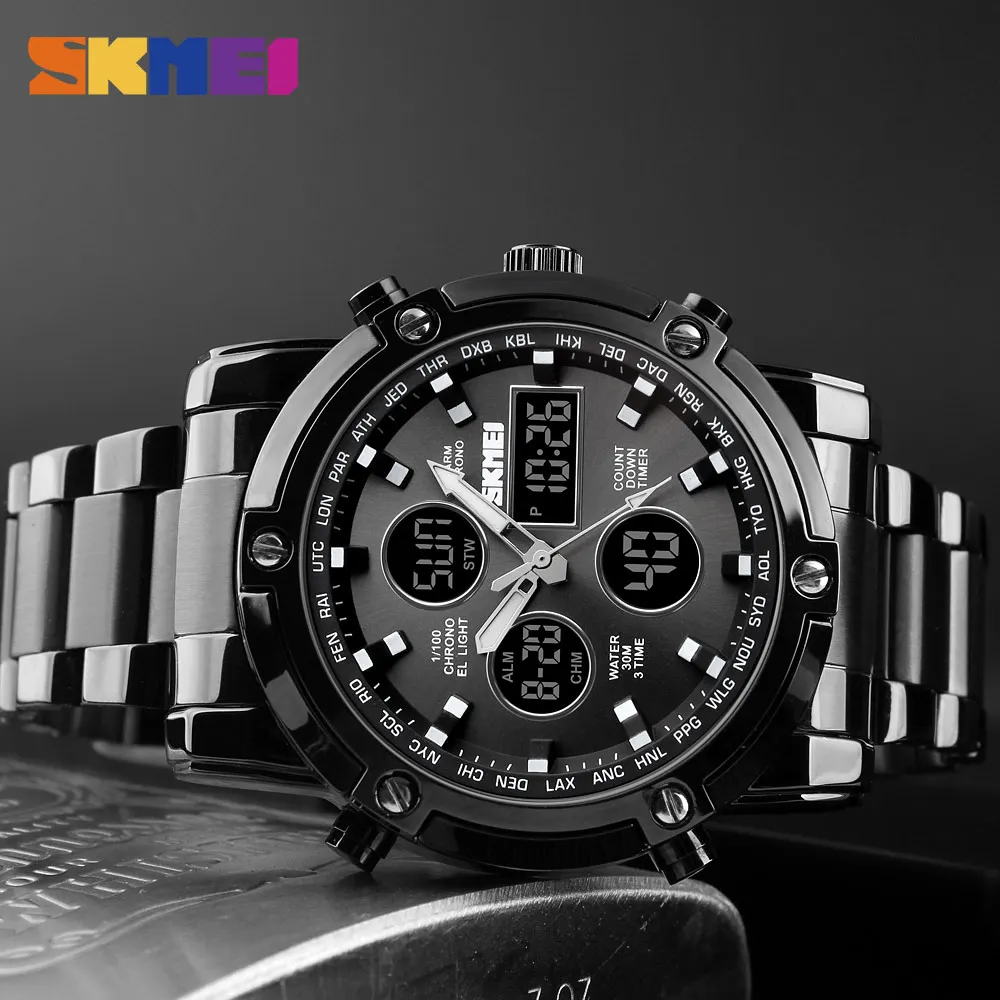 

SKMEI Fashion Men Digital Watch Stainless Steel Dual Display Water Resistant Wristwatch Auto Date Repeater Alarm Time Clock