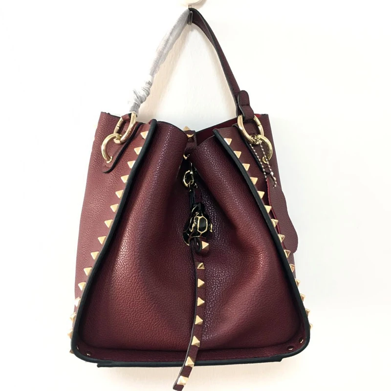 2017 Winter Autumn Famous Brand Designer Women's Bucket Bag Genuine Leather Ladies Handbag Rivet Female Shoulder Bag Small