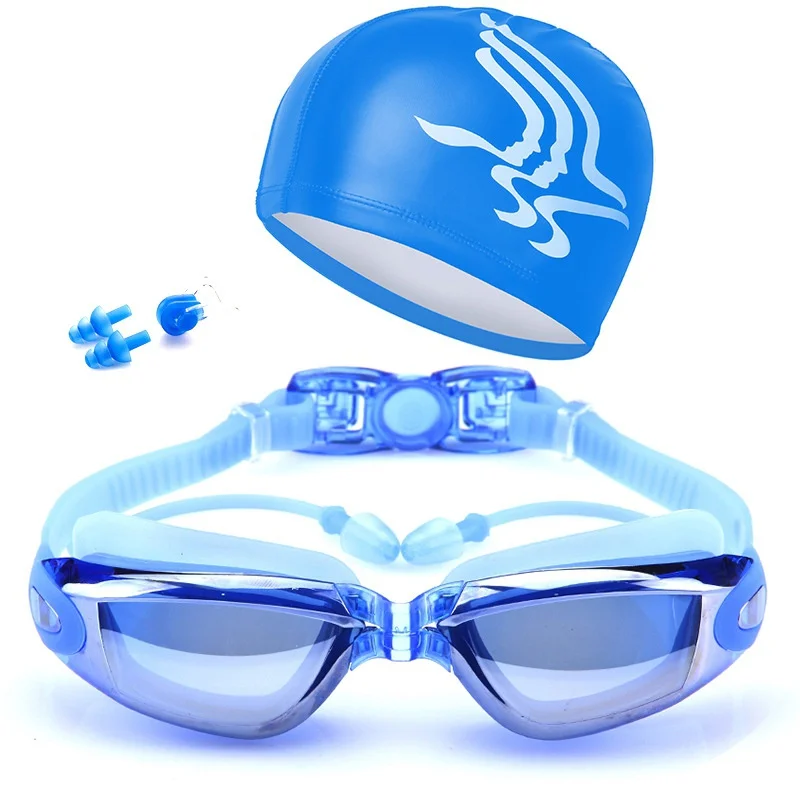 

Summer Swimming Goggles Professional Anti-fog Swimming Goggles Men & Women Big Box Electroplating + Swimming Cap SilverIMSB Hot