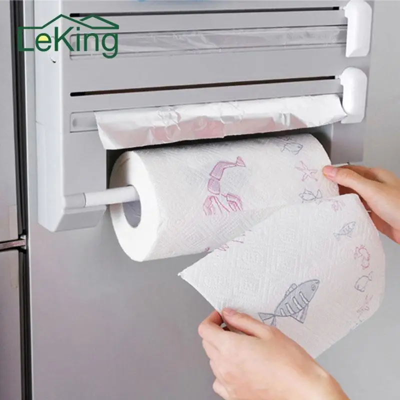 

6 in 1 Kitchen Storage Rack Tin Foil Paper Towel Holder Wall Hanging Plastic Wrap Cutting Kit Storage Shelf