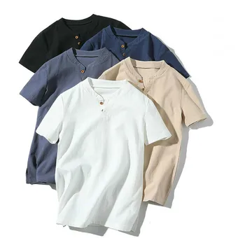 

US Men's Flax Linen T-Shirt Casual V-Neck Button Down T-Shirts Slim Fit Cotton Linen Short Sleeve Basic Top