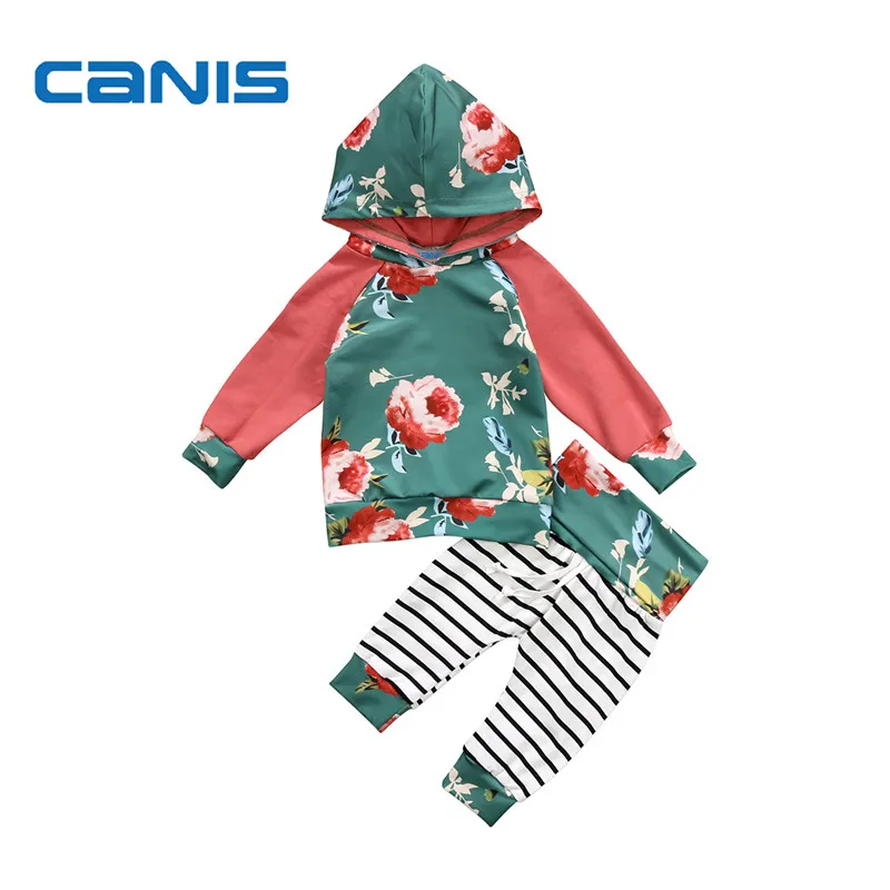 Newborn Baby Boys Girl Hooded Casual Long Sleeve Top Pullover Striped Long Pants Floral Sweatsuit 2pcs